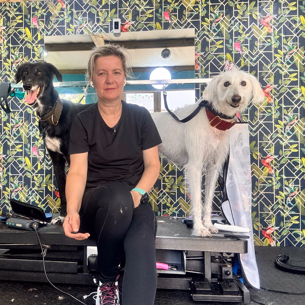 Sandra with two dogs inside the Leixlip Dog Grooming salon