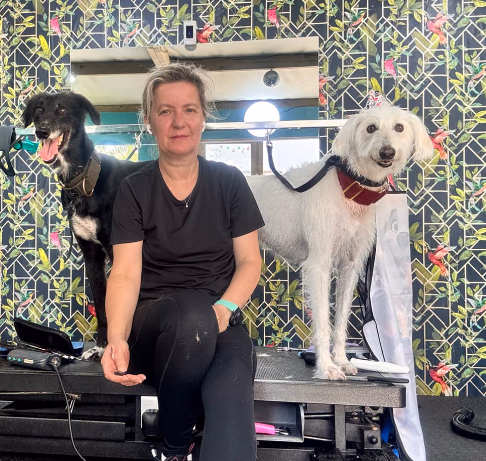 Sandra with two freshly groomed dogs at Leixlip Dog Grooming